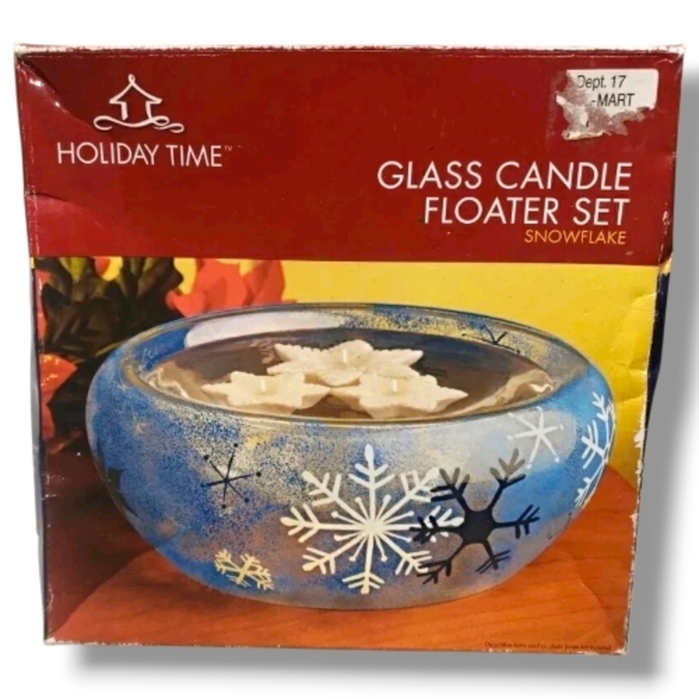 Holiday Time Glass Candle Floater Set Blue White Snowflake Star Candles